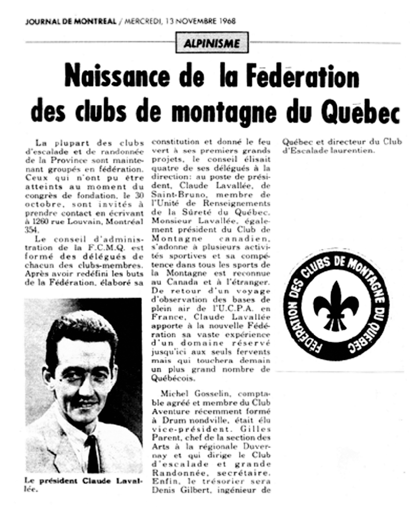 Extract from the Journal de Montréal announcing the creation of the Fédération des clubs de Montagne du Québec, accompanied by a photo and a badge.