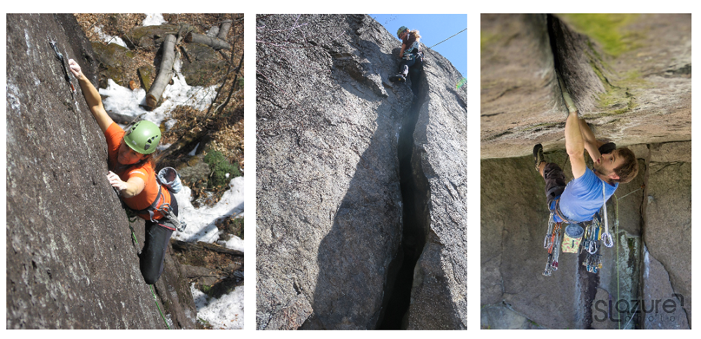 Three colour photos showing three different types of rock climbing.