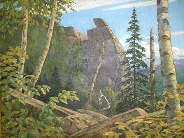 Painting by artist Christo Stefanoff featuring a rock wall surrounded by trees against a background of blue sky.
