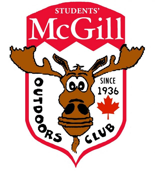 Red and white logo of the McGill Outdoors Club with a drawing of a brown moose head in the centre.