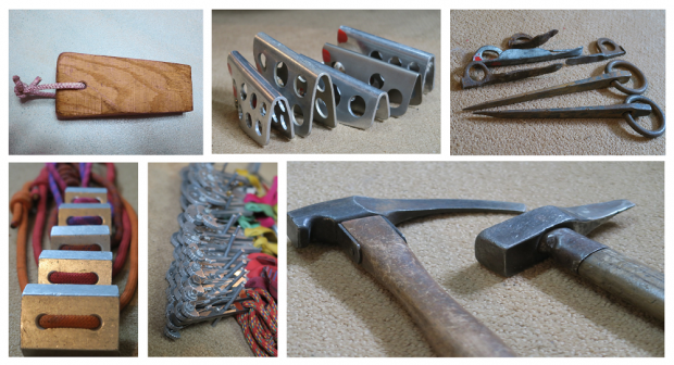 Six images showing various metal items and hammers used to secure climbers.