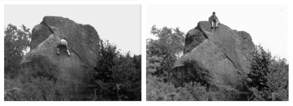 Two black and white photos side by side, one showing a man climbing on a large boulder and the other with the man sitting on top.