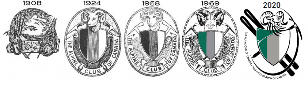 A series of logos of the Canadian Alpine Club, from its beginning until today, including as its main symbols a bighorn sheep and a shield.