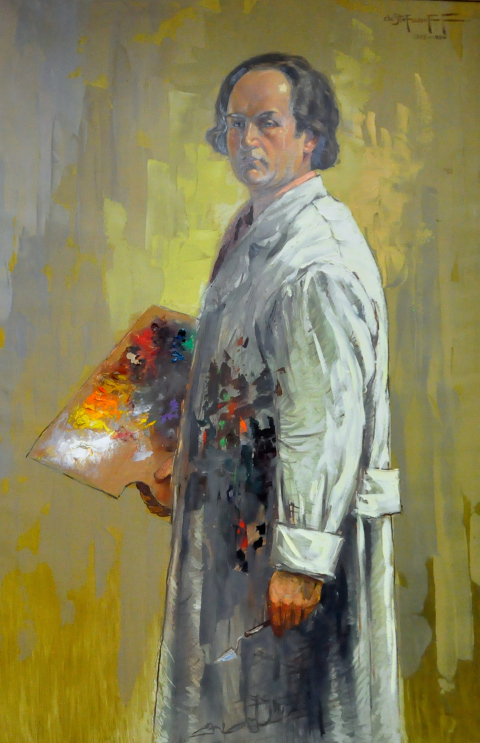 Self-portrait by artist Christo Stepfanoff, showing him wearing a paint-covered smock and holding his palette and brush in one hand.