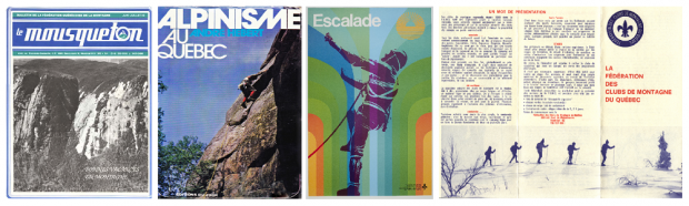 Various covers of posters and books promoting rock climbing in Val-David.