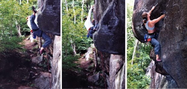 Three close-up photos of a young woman hanging on to a rock with hands and feet, while executing different climbing moves.