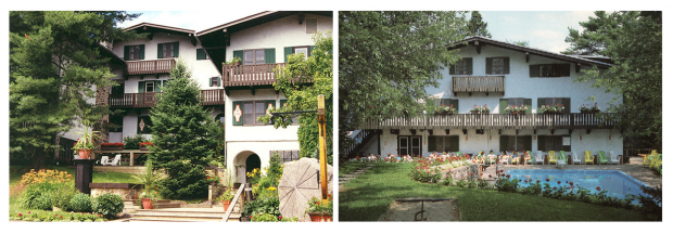 Two photos of the former Auberge Le Rouet, a building in the Swiss-chalet style.