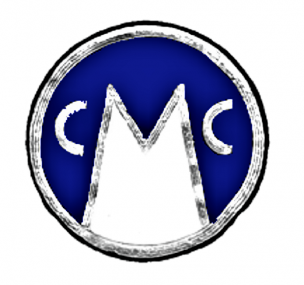 Blue, grey and white badge of the Club de Montagne le Canadien (CMC), with the “M” forming two white summits.