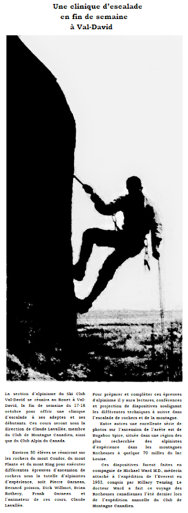 Black and white ad showing a climber descending with a rope against a background of sky and far horizon, with a text underneath.