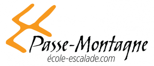 Orange and black logo of the Municipality of Val-David Climbing School, on which is also written Passe-Montagne école-escalade.com.