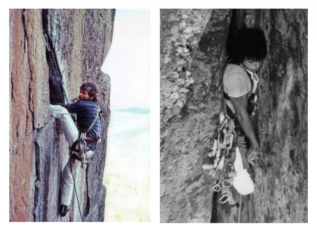 Two images: on the left in colour and on the right in black and white, each showing a climber executing what seems to be a difficult climbing move.