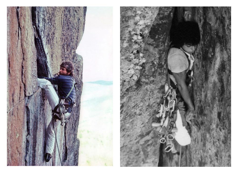 Montage de deux images : celle de gauche en couleur et celle de droite en noir et blanc, où l’on observe deux grimpeurs effectuant des mouvements qui semblent difficiles.