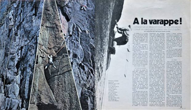 A page in colour from Perspective Dimanche where we can be seen a cameraman suspended on a rock face.