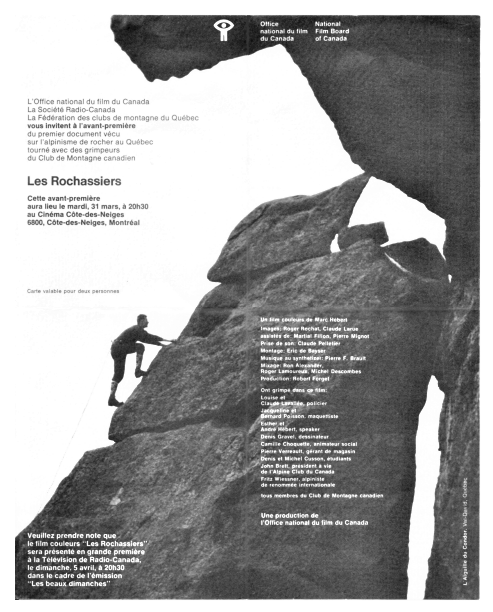 Page of black and white advertising from the Fédération Québécoise de la Montagne, with a man climbing the Mount Condor Needle and an accompanying text.