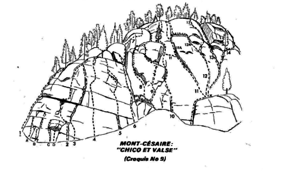 A page from a guide book about rock climbing featuring a drawing of a rock face with different routes indicated for reaching the summit.