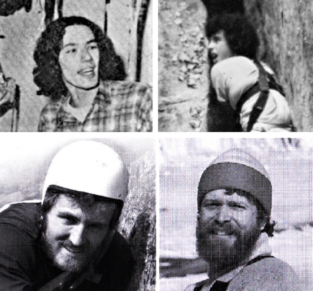 Four black and white portraits of climbers in the 1970s.