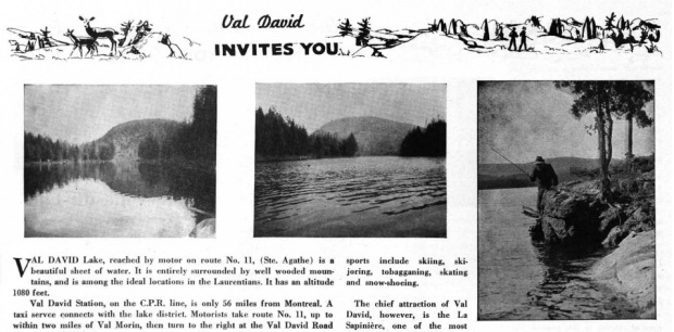 A snippet of a brochure showing images of a lake and some landscape around Val-David.