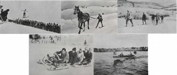 Five pictures, side by side, of sports practiced in Sainte-Agathe around 1912.