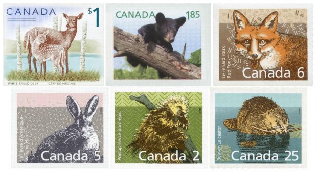 Six Canadian postage stamps illustrating various mammals that may be found in the forests and mountains around Val-David.