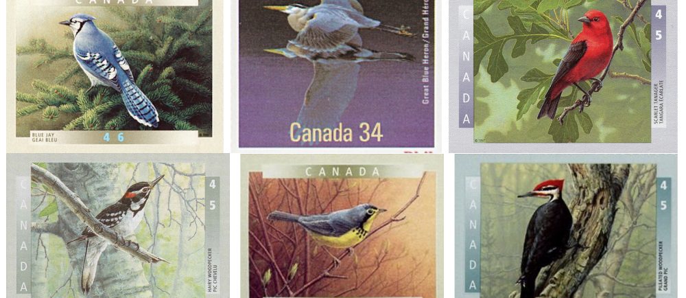 Six Canadian postage stamps illustrating various birds that may be found in the forests and mountains around Val-David.