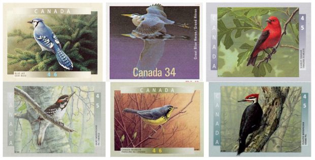 Six Canadian postage stamps illustrating various birds that may be found in the forests and mountains around Val-David.