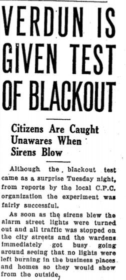 Black and white newspaper article, in English, with a headline in capital letters, “Verdun is given test of blackout.” Followed by a 15-line text of about 80 words.