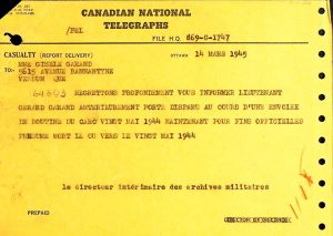 Telegram on a yellow background with black type. “Canadian National Telegraphs” is written at the top followed by the recipient’s address and the date. Below is a message of about 35 words sent by the acting director of the military archives.