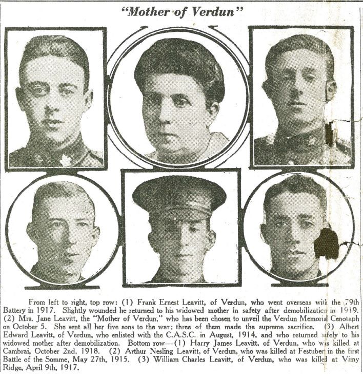 Newspaper article, black and white, titled “The Mother of Verdun.” Below, two rows of three portraits. Top centre is Jane Leavitt, the five others are her sons in uniform, followed by a 140-word text presenting them.