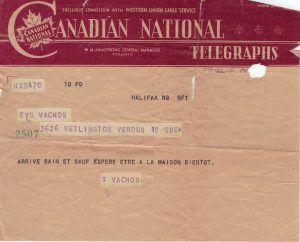Colour telegram. Strip at the top reading “Canadian National Telegraphs,” written in beige on a red background. One-line text in black capital letters on a beige background, date and signature in purple.