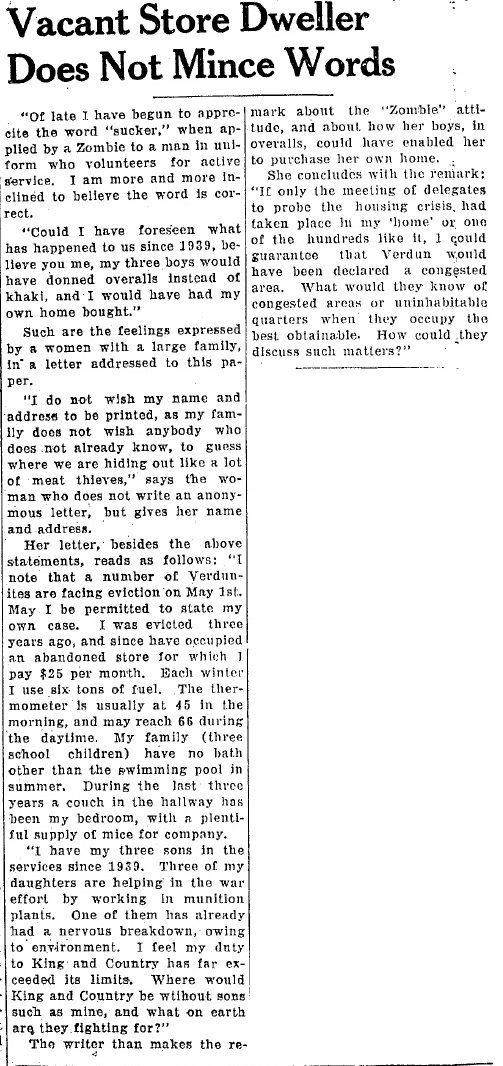 Reproduction of a letter in the newspaper, black and white. Titled “Vacant Store Dweller Does Not Mince Words,” the seven-paragraph letter occupies one-and-a-half columns and is about 500 words long.