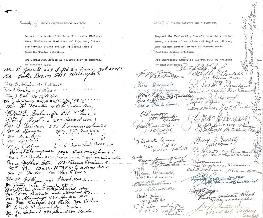 Reproduction of a petition sent to the Minister of Munitions and Supply. The document shows the signatures of 29 petitioners and their addresses.