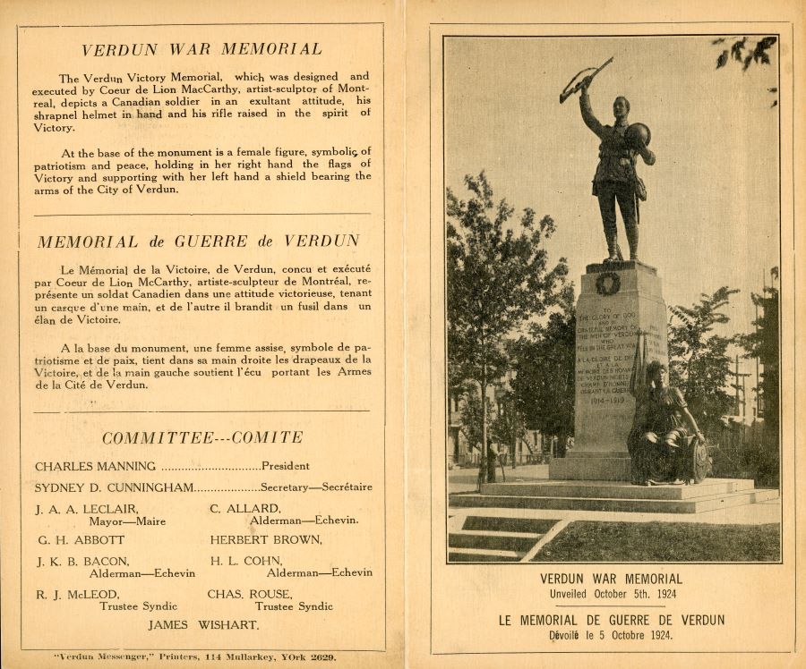 Two pages of bilingual programming in beige and black. On the left page, three panels (descriptions of the monument in English and French, and the names of the committee members). The right page features a photograph of the monument.