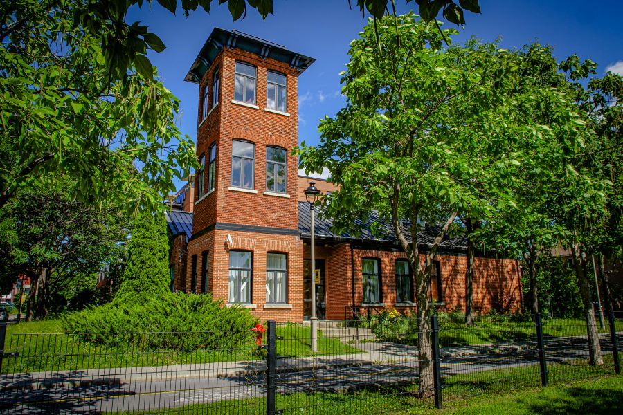 Colour photograph of a brick tower with six windows rising into a blue sky, surrounded by leafy trees and vegetation.