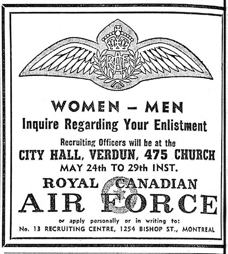 Black and white reproduction of a short Royal Canadian Air Force recruiting advertisement, including its emblem (an eagle), the address of its office at Verdun City Hall and the recruitment dates.