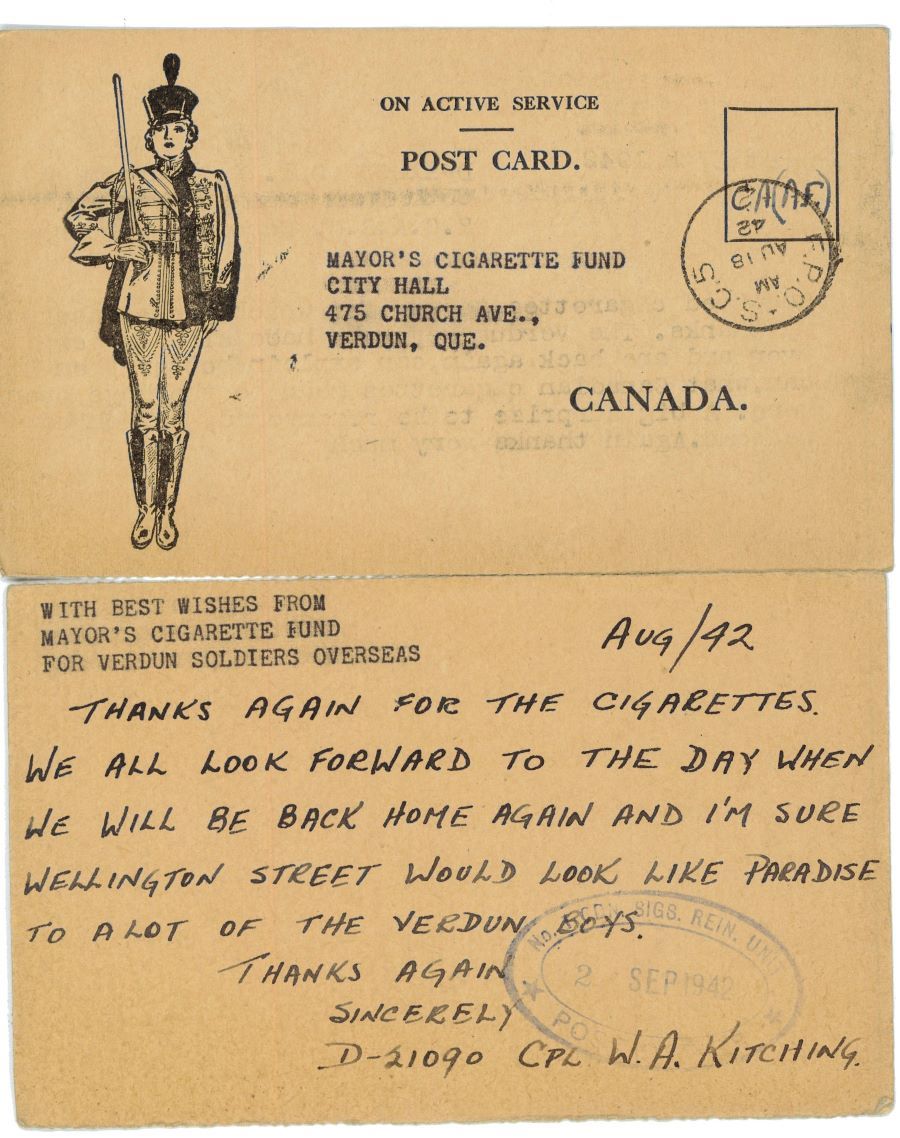 Beige postcard with a handwritten message. The front of the postcard features the drawing of a woman in uniform wearing a ceremonial military hat, officer’s coat, pants and boots.