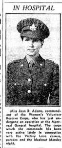 Black and white article titled “In Hospital.” Portrait of R.B. Joan Adams in uniform, with cap and badge (a half maple leaf with a beaver), followed by a short descriptive text.