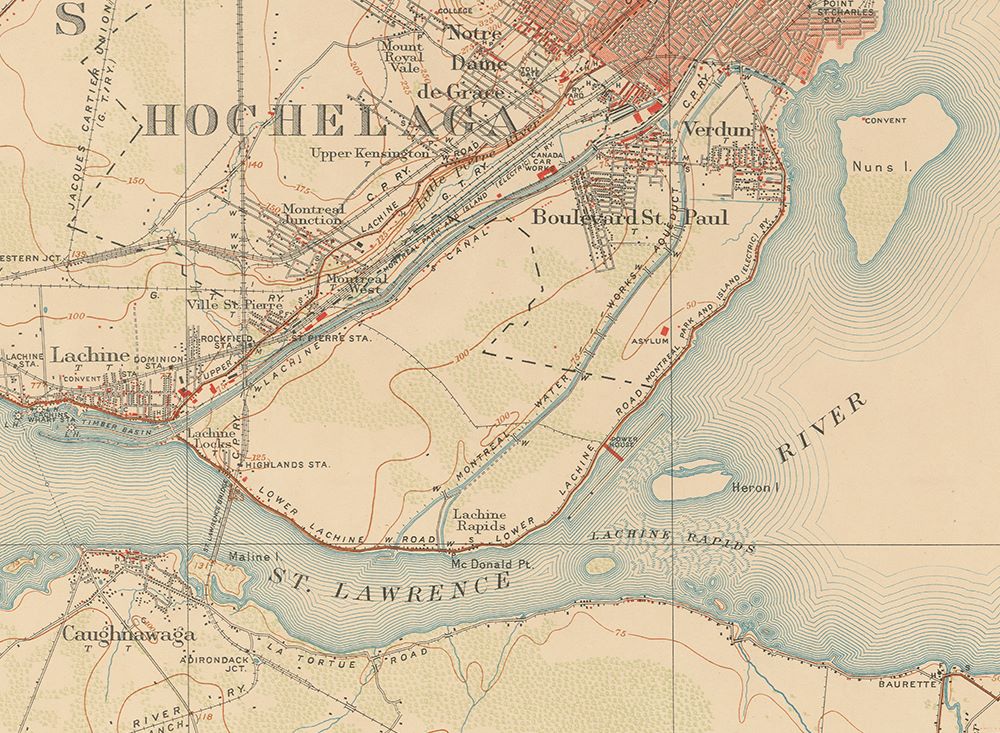 Colour topographical map, black print on beige background, with physical features of the Verdun area. The St. Lawrence River and other waterways in blue. The more densely populated areas, particularly in the east, are highlighted in orange.