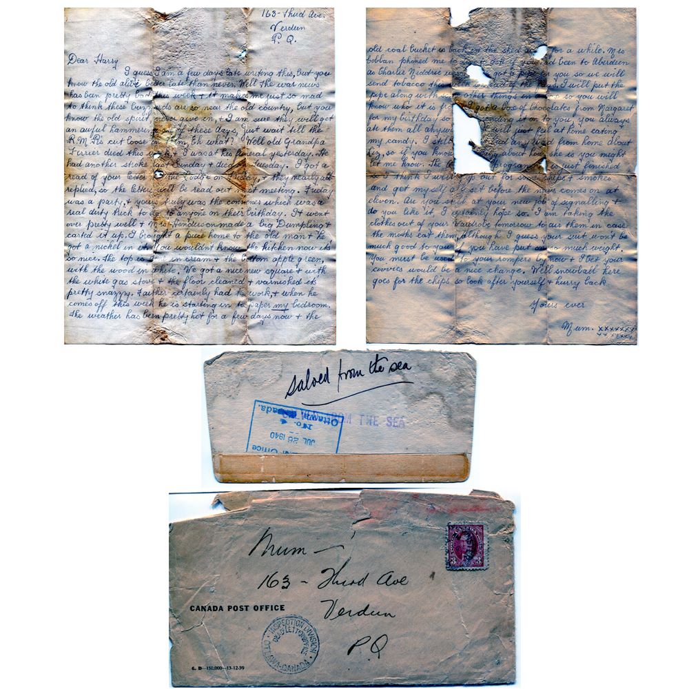 Montage of images. Two-page letter in blue ink, mostly legible, with the front and back of the envelope. The paper is creased, yellowed and torn in places. The envelope, stamped and postmarked, is discoloured and creased.