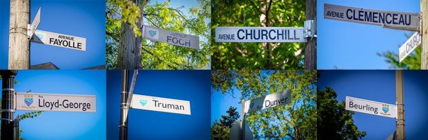 Montage of eight colour photographs arranged in two rows of four squares. Each square features the official street name sign. From left to right, top to bottom: Fayolle, Foch, Churchill, Clémenceau, Lloyd George, Truman, Dunver, Beurling.