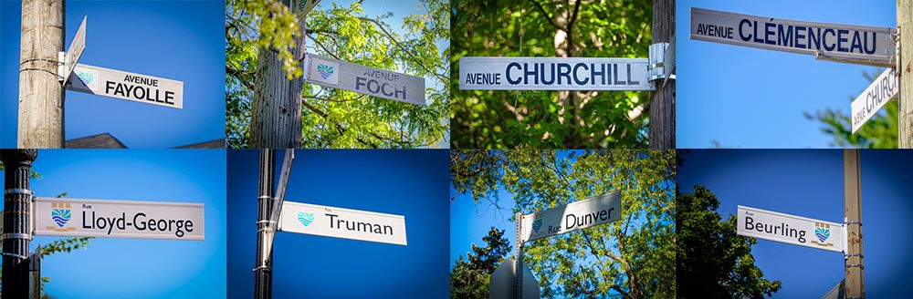 Montage of eight colour photographs arranged in two rows of four squares. Each square features the official street name sign. From left to right, top to bottom: Fayolle, Foch, Churchill, Clémenceau, Lloyd George, Truman, Dunver, Beurling.