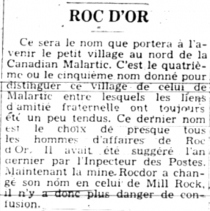 Article de journal titré « Roc-d’Or » qui comporte une quinzaine de lignes. 
