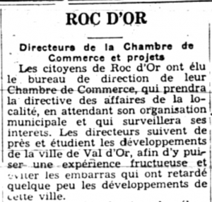 Article de journal titré « Roc-d’Or » et sous-titré « Directeurs de la Chambre de Commerce et projets » qui comporte une douzaine de lignes. 