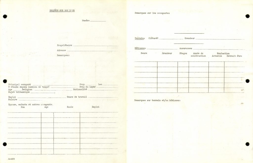 Two blank pages of the form lined up side by side. Entitled “Roc-d’Or inquiry”, they show different sections bearing on the main occupant, wife, children, and building assessment.