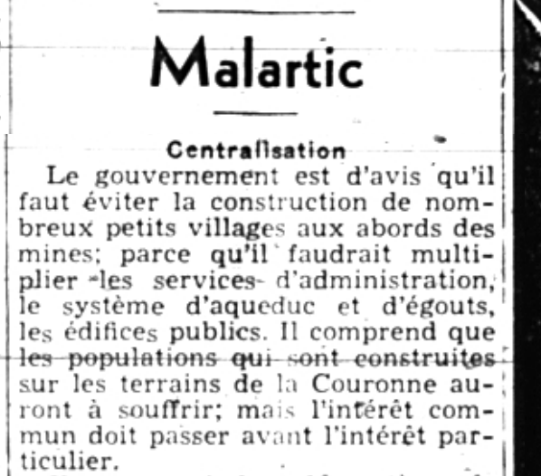 Newspaper article of a dozen lines entitled "Malartic" and subtitled “Centralisation”.
