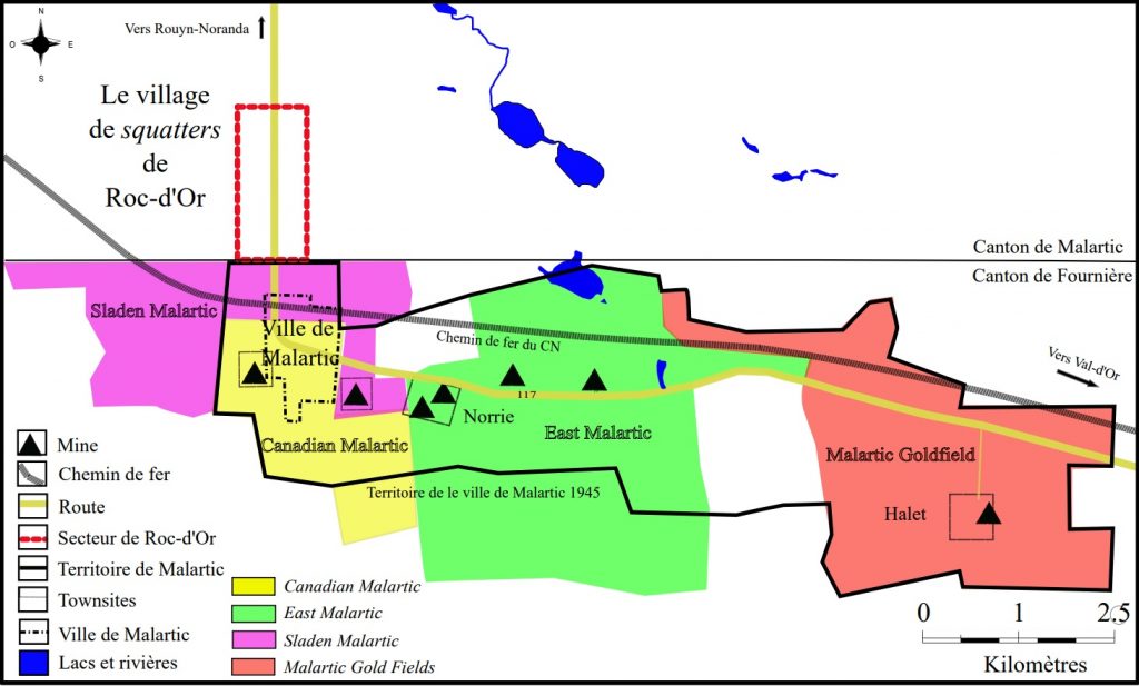 Colour map of the Malartic mining camp and its surroundings. The town of Malartic is encircled in black and the village of Roc-d'Or in red. The land held by the various mines appears in different colours and the location of headframes is indicated by triangles.