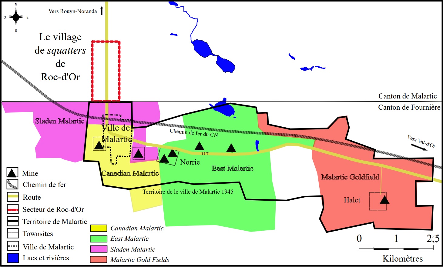 Colour map of the Malartic mining camp and its surroundings. The town of Malartic is encircled in black and the village of Roc-d'Or in red. The land held by the various mines appears in different colours and the location of headframes is indicated by triangles.