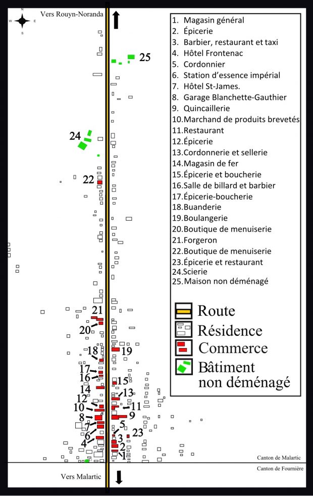 Colour map of the village of Roc-d’Or showing the buildings. The shops are in red and the buildings that have not been moved are in green. The road, in the center, is in black and yellow. To the right, a legend identifies different shops by number.