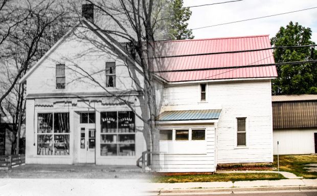 Image shows half of an old store with centre entrance in black and white blended with a contemporary colour image of the other half of same building.