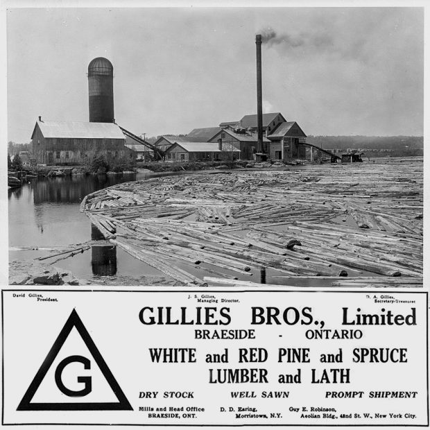 Gillies Bros. lumber mill as seen from the water with an advertisement for the company below.