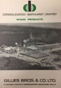 Front cover of a publication for Consolidated-Bathurst Limited Wood Products by Gillies Bros. Co. Limited which shows the mill, drying sheds and river beyond.